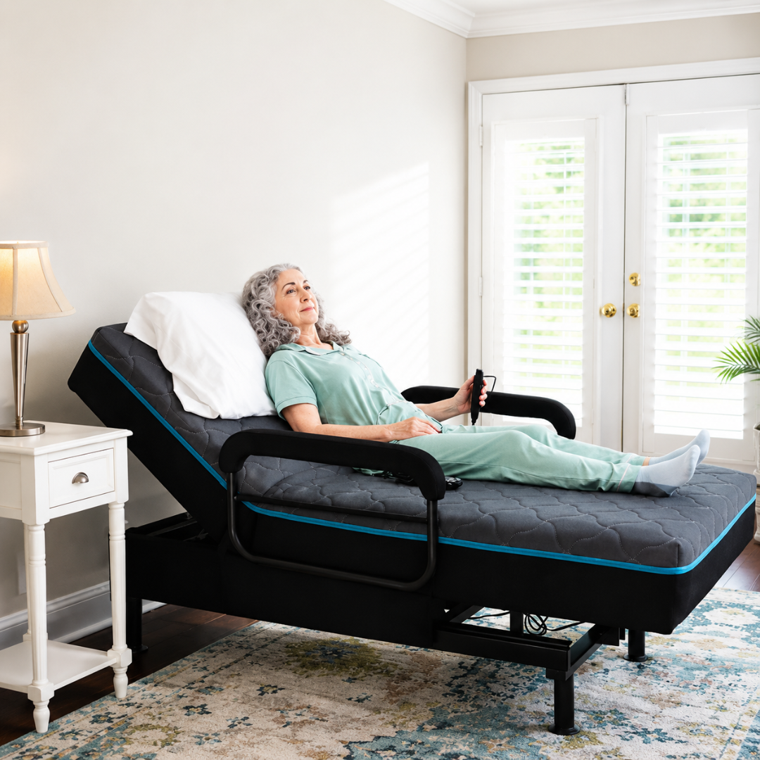 An elderly woman in pajamas reclines on an EZLift Bed™ - Sleep To Stand Bed, using a remote control in a bright bedroom with a nightstand, lamp, and large windows, regaining her independence effortlessly.