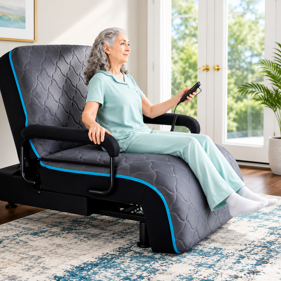 An older woman in light blue pajamas relaxes on an EZLift Bed™ - Sleep To Stand Bed, using a remote to elevate the head and foot sections in a bright room. She enjoys newfound independence and comfort.