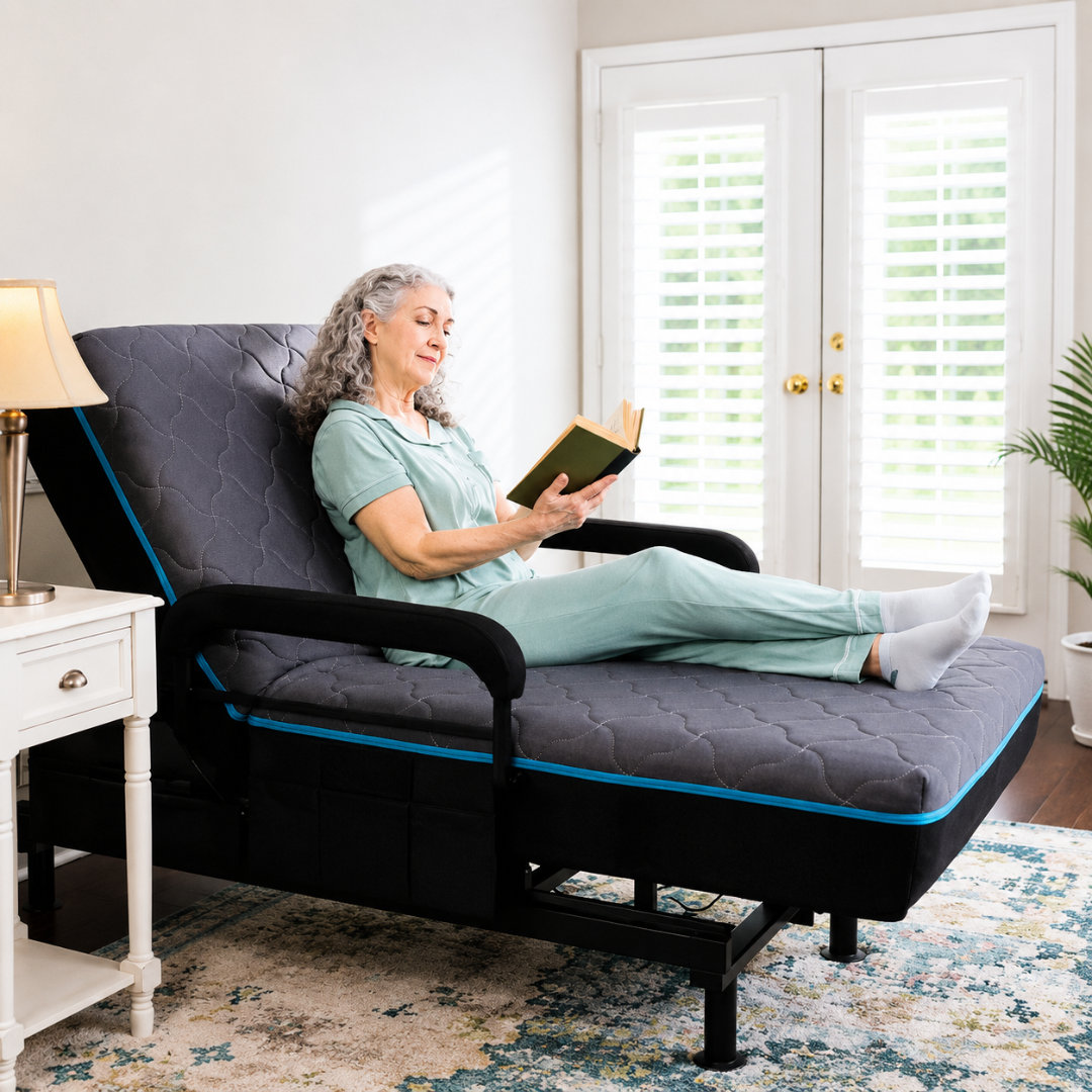 An older woman in light blue pajamas comfortably reclines on the EZLift Bed™ - Sleep To Stand Bed, reading a book as natural light fills the room. A lamp-lit nightstand beside her shows how she can regain independence with this bed.