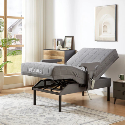 A modern bedroom features an EZLift Bed™ - Deluxe Sleep To Stand Electric Bed in gray, raised with the remote attached. Sunlight streams through large windows and décor includes a plant, dresser, wall art, and patterned rug.