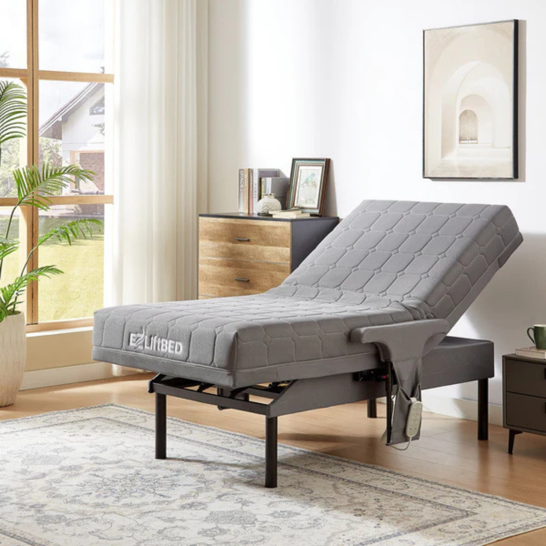 A modern bedroom with a large window, a raised EZLift Bed™ - Deluxe Sleep To Stand Electric Bed in gray, a patterned rug, wooden dresser, plants, and framed wall art. Sunlight fills the space for a cozy feel.