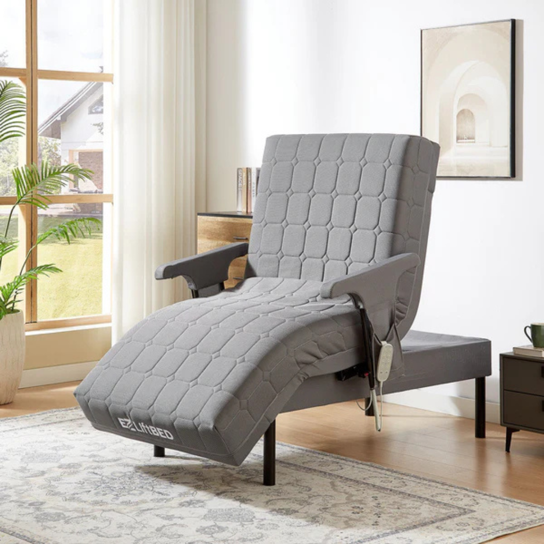 A modern room featuring the EZLift Bed™ - Deluxe Sleep To Stand Electric Bed in gray upholstery on a patterned rug, beside a window with plants, light walls, and framed artwork in the background.