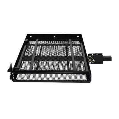 The EZ-Carrier Manual Fold Up Vehicle Mobility Carrier features a black metal mesh, rectangular frame with a right-side hitch attachment and left-side latch—perfect for transporting a mobility scooter.