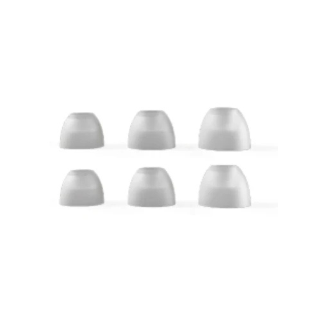 Six white, conical silicone tips—Audien Hearing Earbuds for the Atom Series—are arranged in two rows of three on a plain white background, ideal as replacement tips or for use with hearing aids.