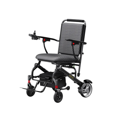 The Easwe® C10 – Carbon Fiber + Aluminum Electric Wheelchair features a lightweight foldable frame, black and gray diamond-patterned seat and backrest, right-arm joystick control, and compact wheels, shown against a white background.