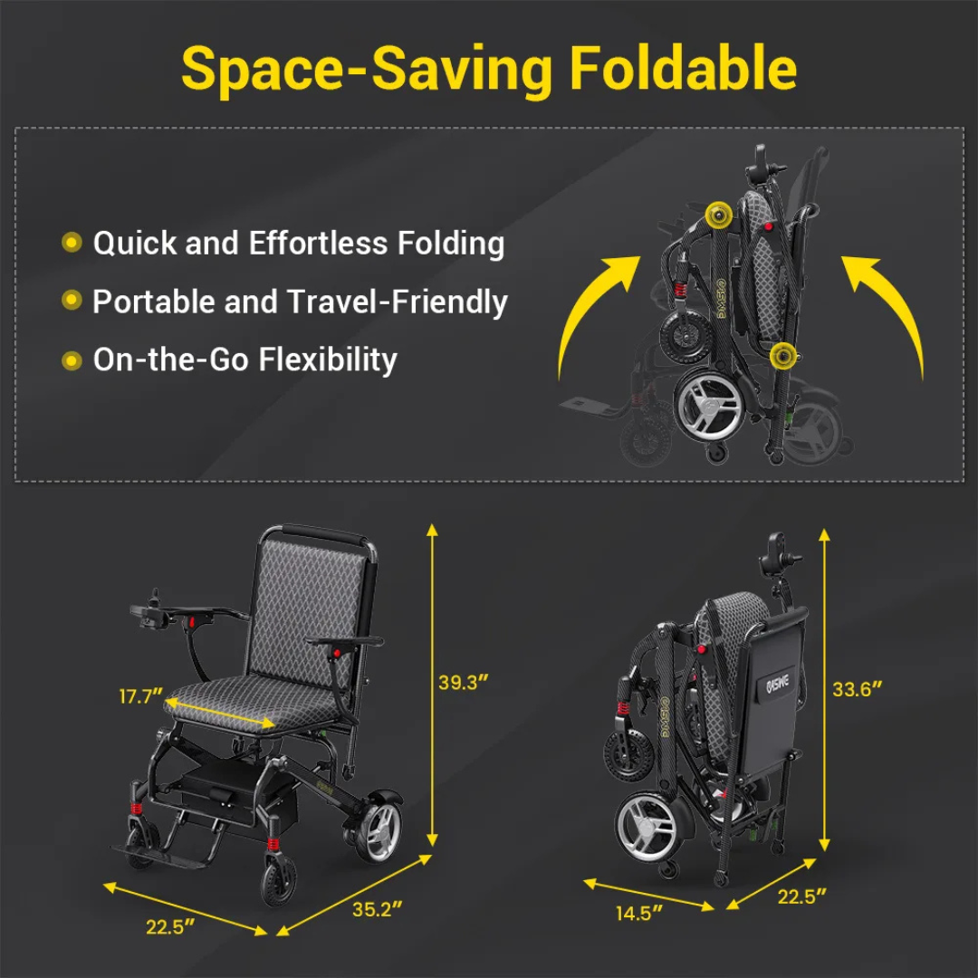 The Easwe® C10 – Carbon Fiber + Aluminum Electric Wheelchair is shown unfolded and folded, highlighting easy folding, portability, and flexibility. Dimensions: open 39.3x35x22.5 in; folded 33.6x22.5x17.7 in.