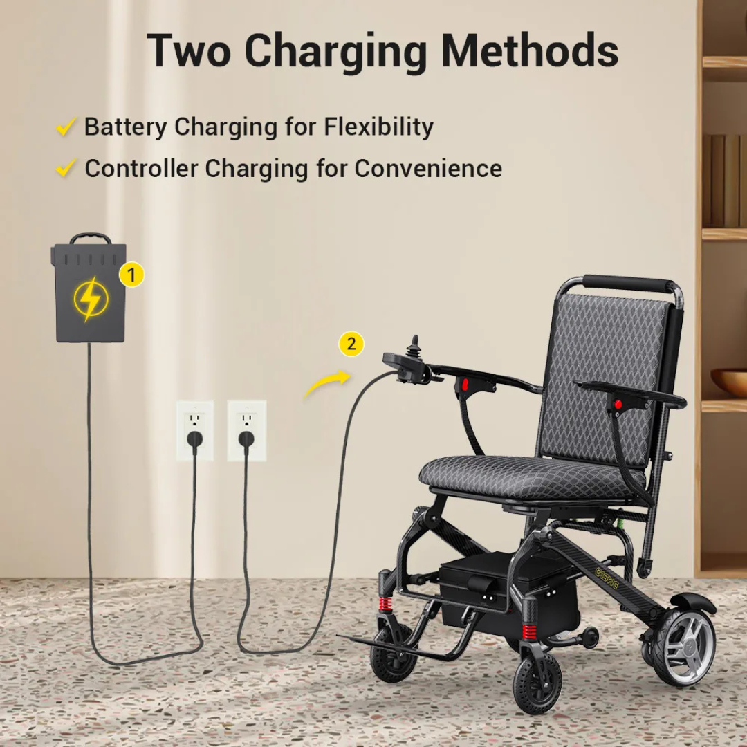 The Easwe® C10 – Carbon Fiber + Aluminum Electric Wheelchair offers two charging methods—directly to the battery or via the controller—both from wall outlets, ensuring flexible and convenient charging in a lightweight design.