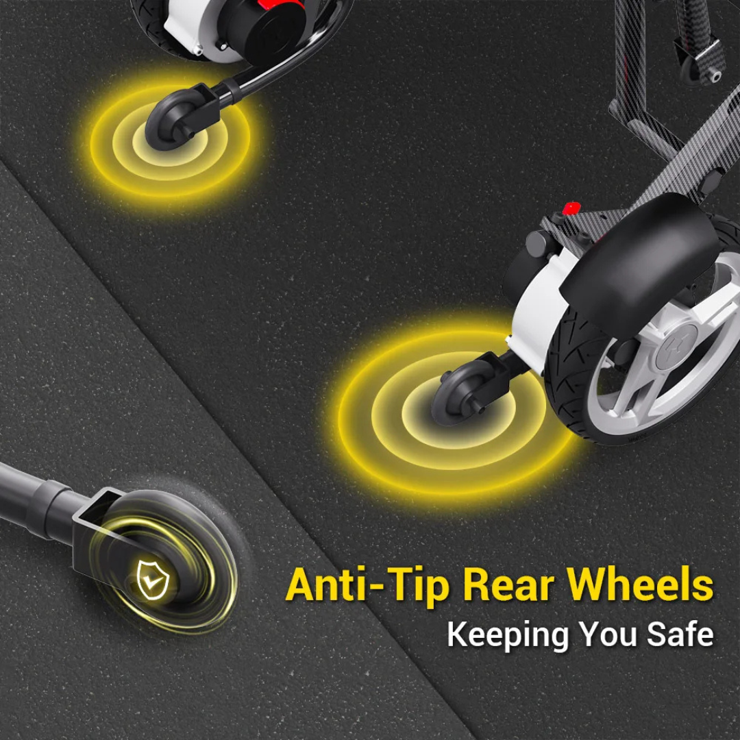Close-up of anti-tip rear wheels on the Easwe® C10 – Carbon Fiber + Aluminum Electric Wheelchair, highlighted by yellow rings. Text: “Anti-Tip Rear Wheels - Keeping You Safe” on a dark, textured background.