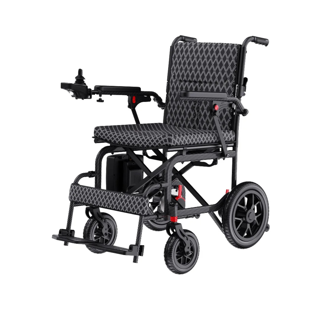 The Easwe™ D10 Foldable Electric Wheelchair - FAA Approved offers long-range performance, lightweight design, black and gray upholstery, armrest joystick control, a spacious footrest, and large rear wheels for superior mobility and comfort.