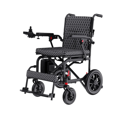 The Easwe™ D10 Foldable Electric Wheelchair - FAA Approved offers long-range performance, lightweight design, black and gray upholstery, armrest joystick control, a spacious footrest, and large rear wheels for superior mobility and comfort.