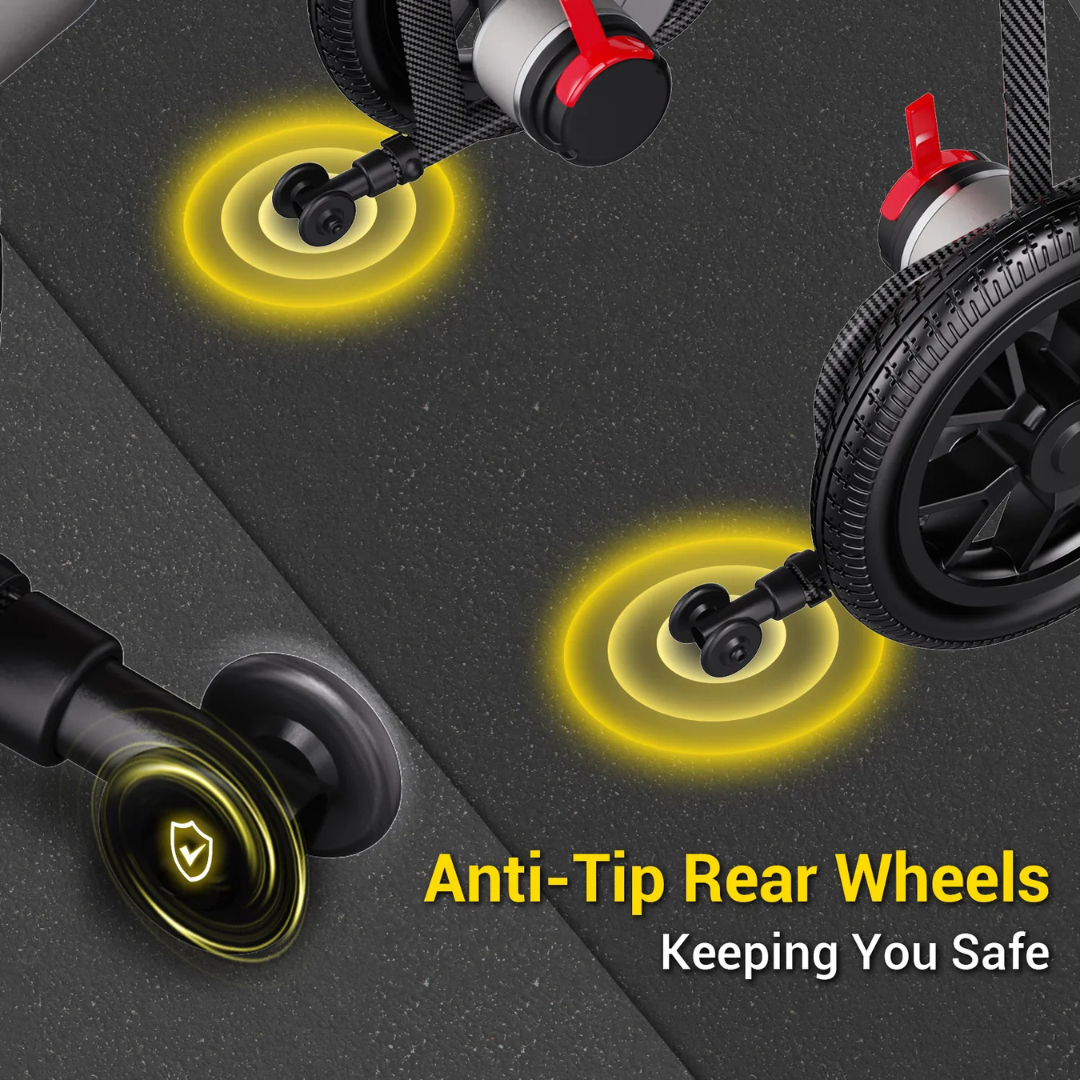 Close-up of the Easwe™ D10 Foldable Electric Wheelchair’s anti-tip rear wheels highlighted with glowing yellow circles to emphasize stability and safety. Text: “Anti-Tip Rear Wheels – Keeping You Safe.”.