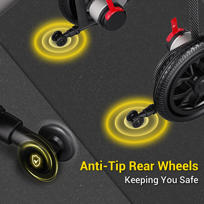 Close-up of the Easwe™ D10 Foldable Electric Wheelchair’s anti-tip rear wheels highlighted with glowing yellow circles to emphasize stability and safety. Text: “Anti-Tip Rear Wheels – Keeping You Safe.”.