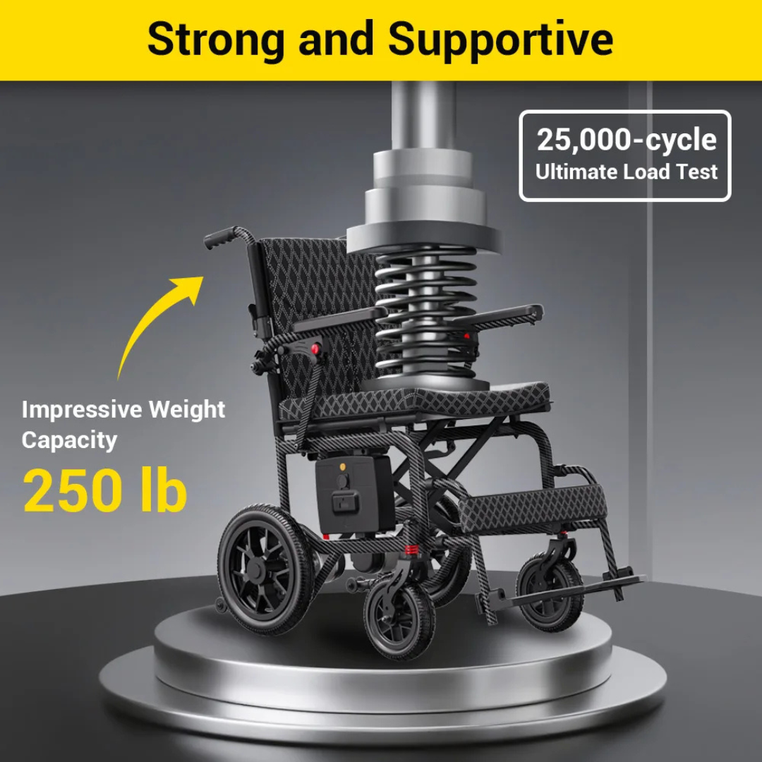 The Easwe™ D10 Foldable Electric Wheelchair - FAA Approved is tested with a large metal press, proving its strong and supportive frame through a 25,000-cycle test and an impressive 250 lb weight capacity.