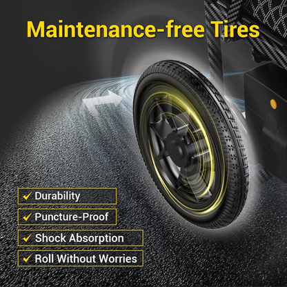 Close-up of a spinning tire on textured road, featuring maintenance-free, durable, puncture-proof, shock-absorbing wheels—perfect for the Easwe™ D10 Foldable Electric Wheelchair (FAA Approved). Roll without worries!.