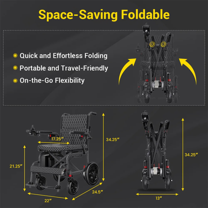 The Easwe™ D10 Foldable Electric Wheelchair - FAA Approved is shown unfolded and folded with yellow arrows highlighting its quick folding. Key features—portability, flexibility, lightweight design, and dimensions—are listed on a dark background.