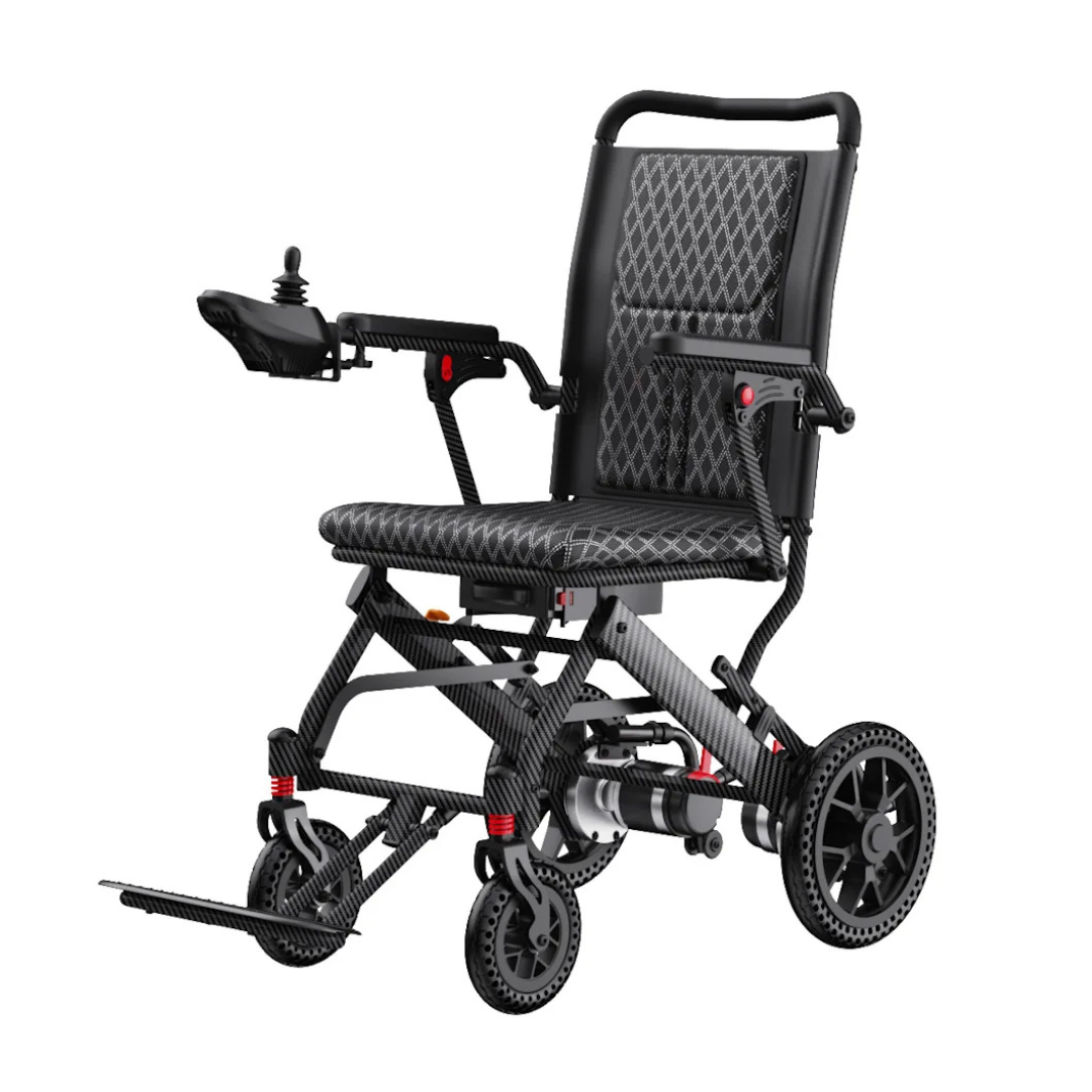 The Easwe™ E10 Portable Lightweight Electric Wheelchair features dual motors, a stylish black patterned seat and backrest, armrest joystick control, four wheels, adjustable footrests, and a sturdy yet lightweight frame.