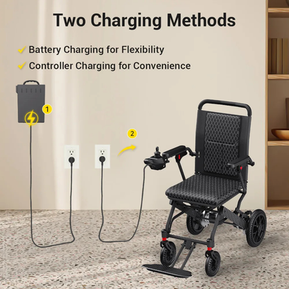 The Easwe™ E10 Portable Lightweight Electric Wheelchair in a room shows two charging methods: one with the battery charging at a wall outlet, and another with the wheelchair plugged directly into an outlet. Text and icons highlight "Two Charging Methods.