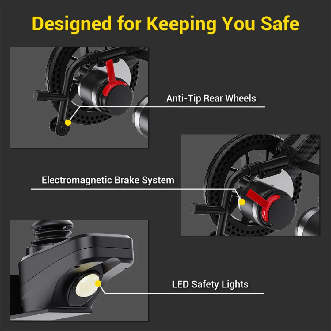 A graphic titled Designed for Keeping You Safe showcases the Easwe™ E10 Portable Lightweight Electric Wheelchair, featuring anti-tip rear wheels, an electromagnetic brake system, and LED safety lights with close-up images.