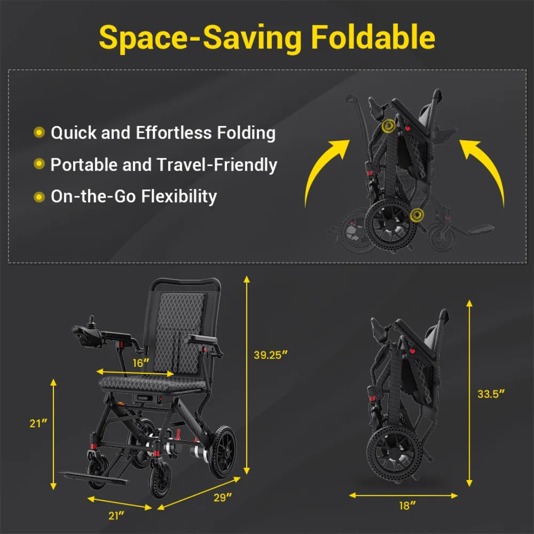Diagram of the Easwe™ E10 Portable Lightweight Electric Wheelchair in black, with yellow dimension lines and text highlighting dual motors, quick foldability, portability, and travel-friendly design. Folded and unfolded measurements are shown.