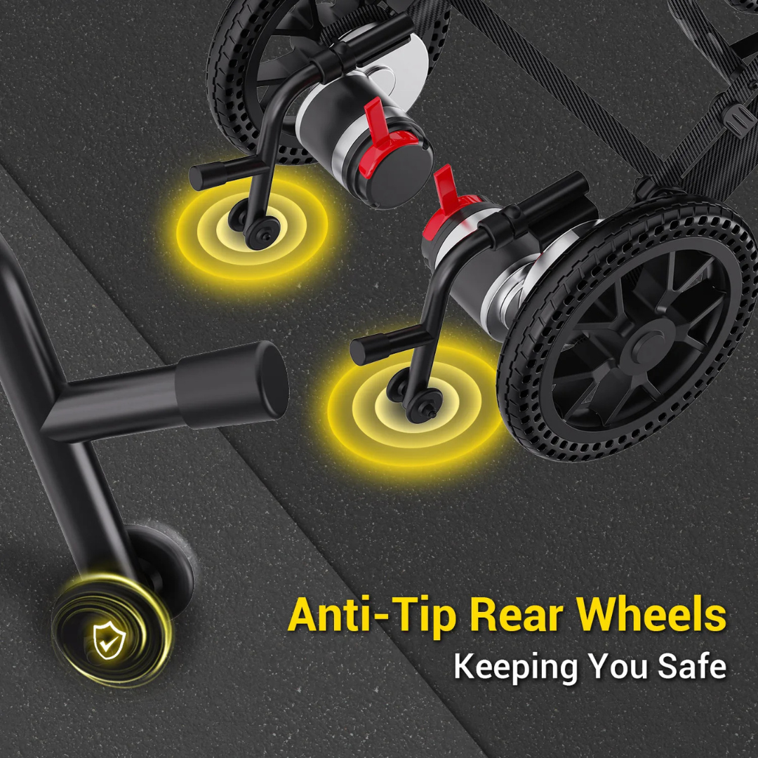 Close-up of Easwe™ E10's two black rear wheels with anti-tip features, highlighted by yellow glowing circles. Text: Easwe™ E10 – Anti-Tip Rear Wheels for Added Safety on a lightweight electric wheelchair.