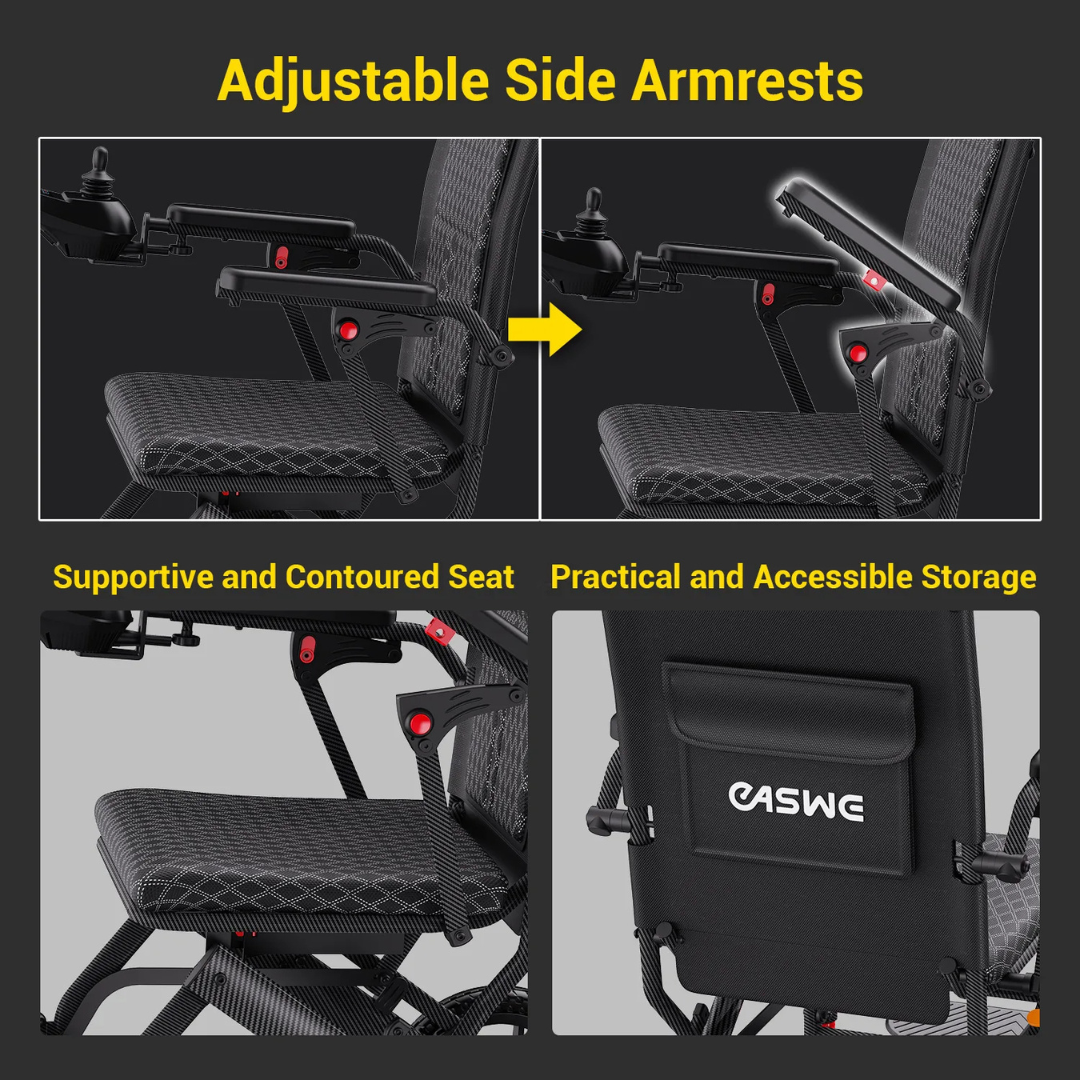 Collage shows features of the Easwe™ E10 Portable Lightweight Electric Wheelchair: adjustable side armrests, supportive contoured seat, and a practical back storage pocket with the Easwe™ brand name visible.