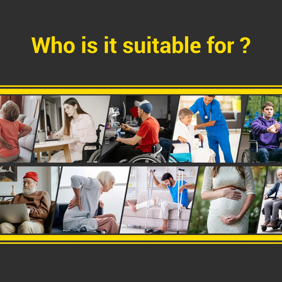 A collage with seniors, people with back pain, wheelchair users (including Easwe™ E10 Portable Lightweight Electric Wheelchair), medical professionals, a person on crutches, and a pregnant woman under "Who is it suitable for?" on a dark background.