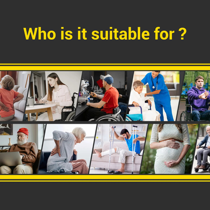 A collage with seniors, people with back pain, wheelchair users (including Easwe™ E10 Portable Lightweight Electric Wheelchair), medical professionals, a person on crutches, and a pregnant woman under "Who is it suitable for?" on a dark background.
