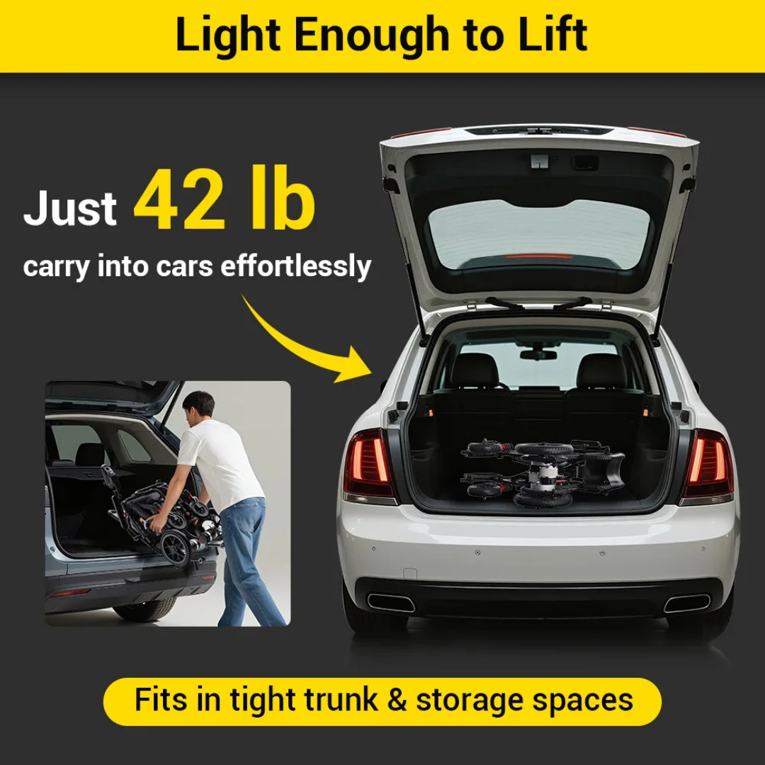 A man lifts a folded Easwe™ E10 Portable Lightweight Electric Wheelchair (42 lb) into the trunk of a white car, highlighting its compact design for fitting into tight trunk and storage spaces.