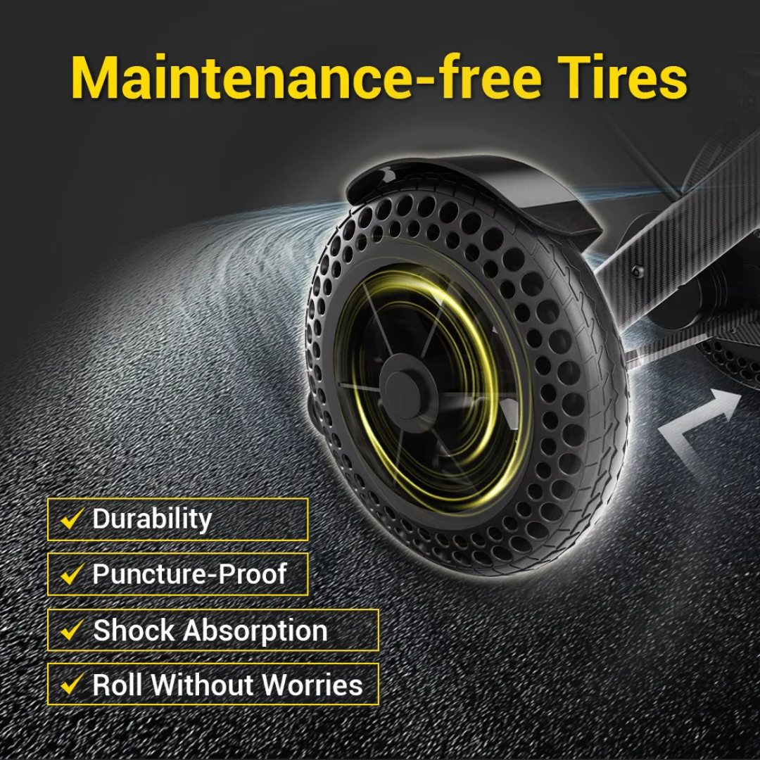 Close-up of the Easwe™ E10 Portable Lightweight Electric Wheelchair’s maintenance-free tire, known for its durable, puncture-proof design and shock absorption. Unique rim holes enhance performance for smooth, worry-free rides.