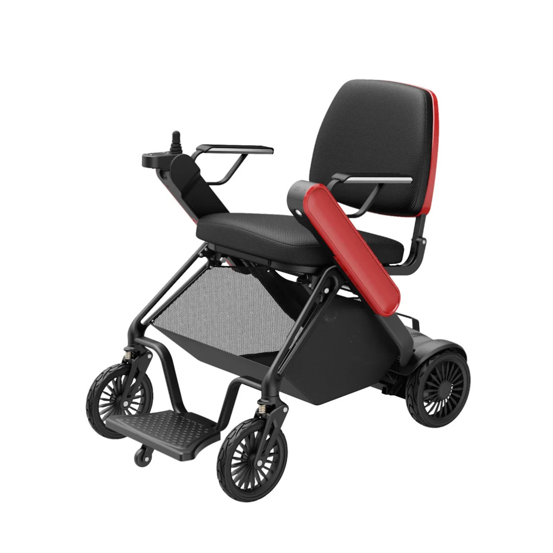 The Easwe® F10 – Auto Folding Portable Electric Wheelchair is modern and lightweight, featuring a black seat, red armrests and seat back, joystick control, four small wheels, and a foldable footrest.