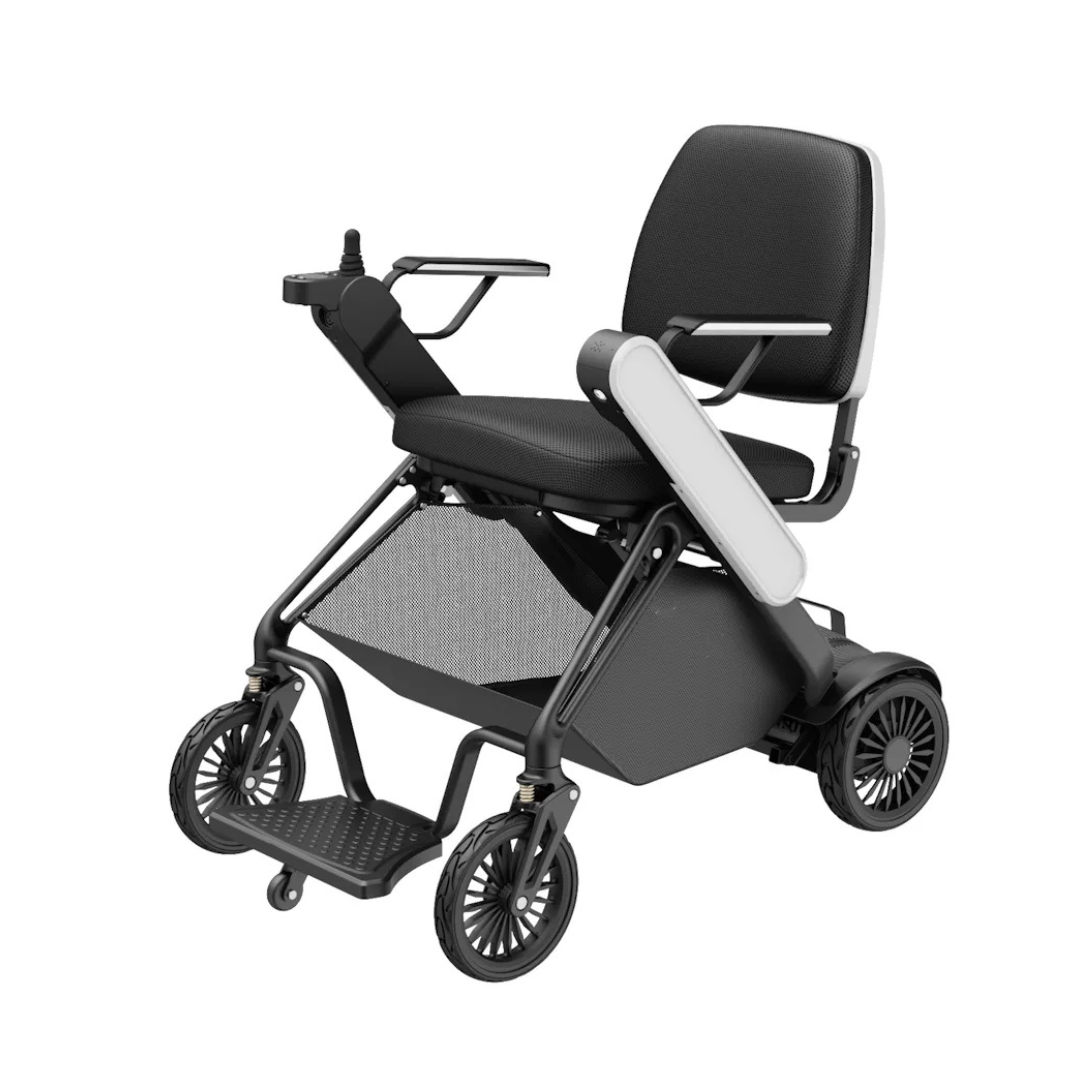 The Easwe® F10 – Auto Folding Portable Electric Wheelchair is a modern black chair featuring a cushioned seat and backrest, armrests, right-arm joystick controller, four wheels, and a foldable footrest.