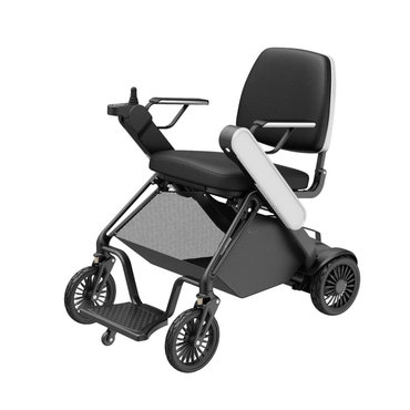 The Easwe® F10 – Auto Folding Portable Electric Wheelchair is a modern black chair featuring a cushioned seat and backrest, armrests, right-arm joystick controller, four wheels, and a foldable footrest.