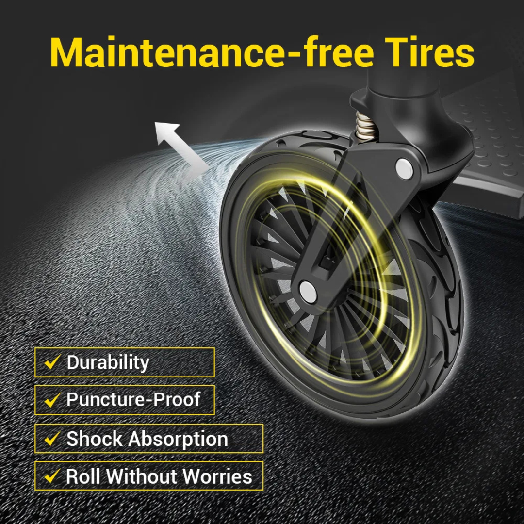 Close-up of a black scooter wheel on pavement with glowing yellow highlights. Ideal for the Easwe® F10 – Auto Folding Portable Electric Wheelchair, these maintenance-free tires provide shock absorption and puncture-proof durability.