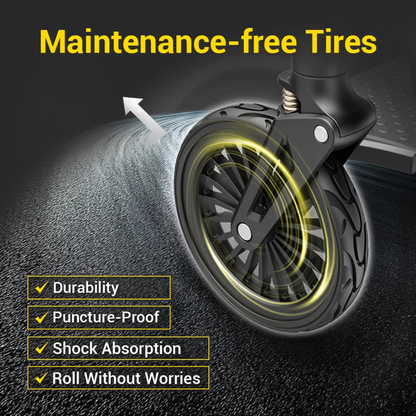 Close-up of a black scooter wheel on pavement with glowing yellow highlights. Ideal for the Easwe® F10 – Auto Folding Portable Electric Wheelchair, these maintenance-free tires provide shock absorption and puncture-proof durability.