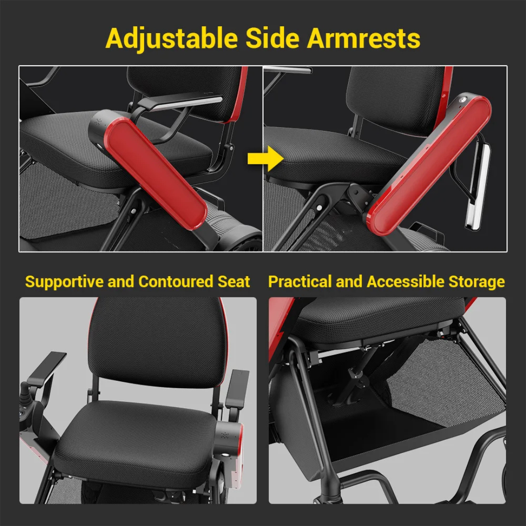 Collage featuring the Easwe® F10 – Auto Folding Portable Electric Wheelchair with adjustable red side armrests, a contoured black seat for comfort, and a handy storage compartment. Text emphasizes armrest adjustability, support, and practical storage.