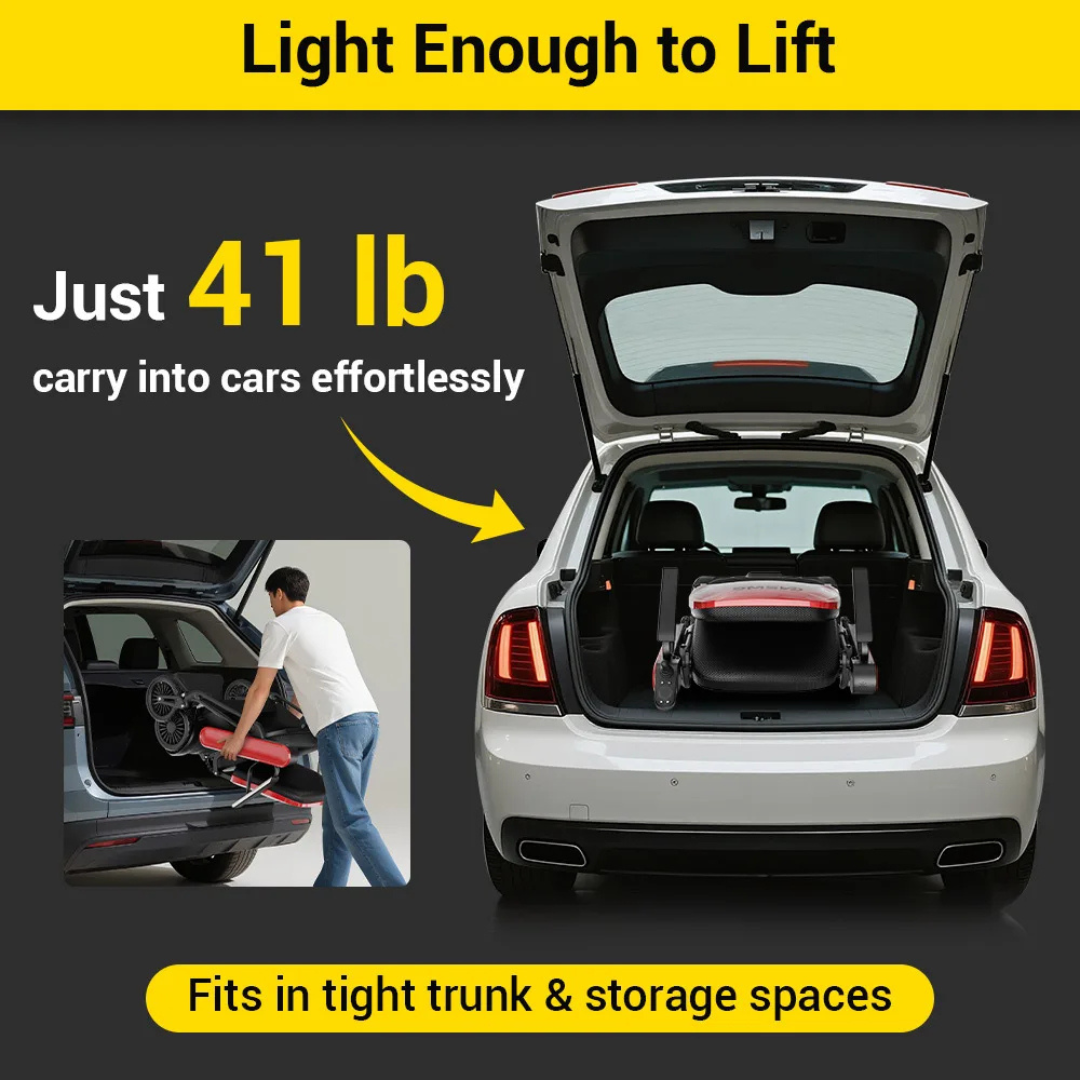 A person lifts the folded Easwe® F10 – Auto Folding Portable Electric Wheelchair, weighing just 41 lb, into a car trunk. Text highlights its lightweight design and easy fit in trunks and storage spaces.