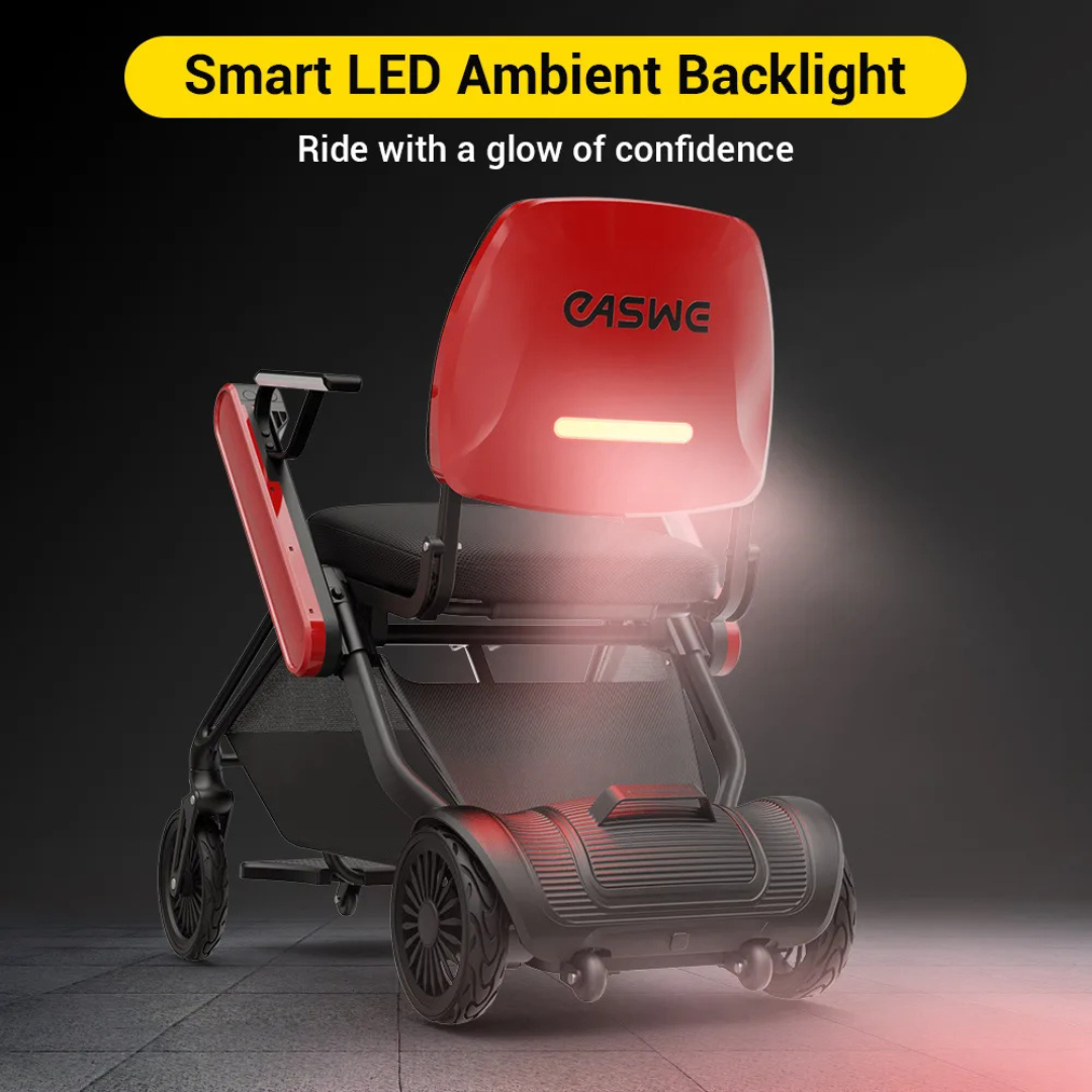 An Easwe® F10 Auto Folding Portable Electric Wheelchair in red, featuring a smart LED ambient backlight and branded EASWE on the backrest, is shown on a gray surface. Text above reads: Smart LED Ambient Backlight. Ride with a glow of confidence.