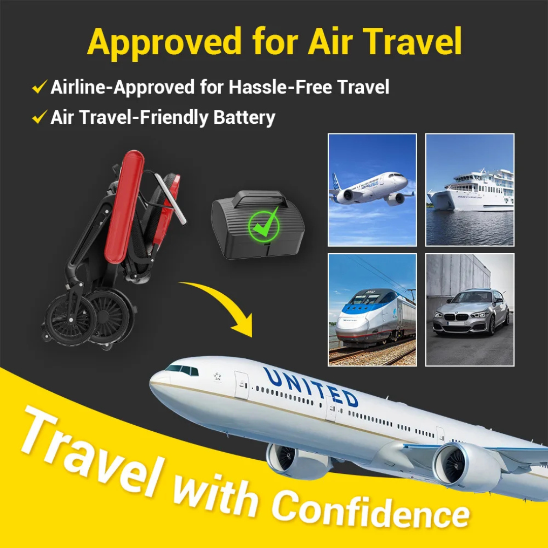 Promotional image of the Easwe® F10 – Auto Folding Portable Electric Wheelchair, featuring a travel-approved battery (green check mark) and transport icons—airplane, ship, train, car—emphasizing air travel approval and portability.