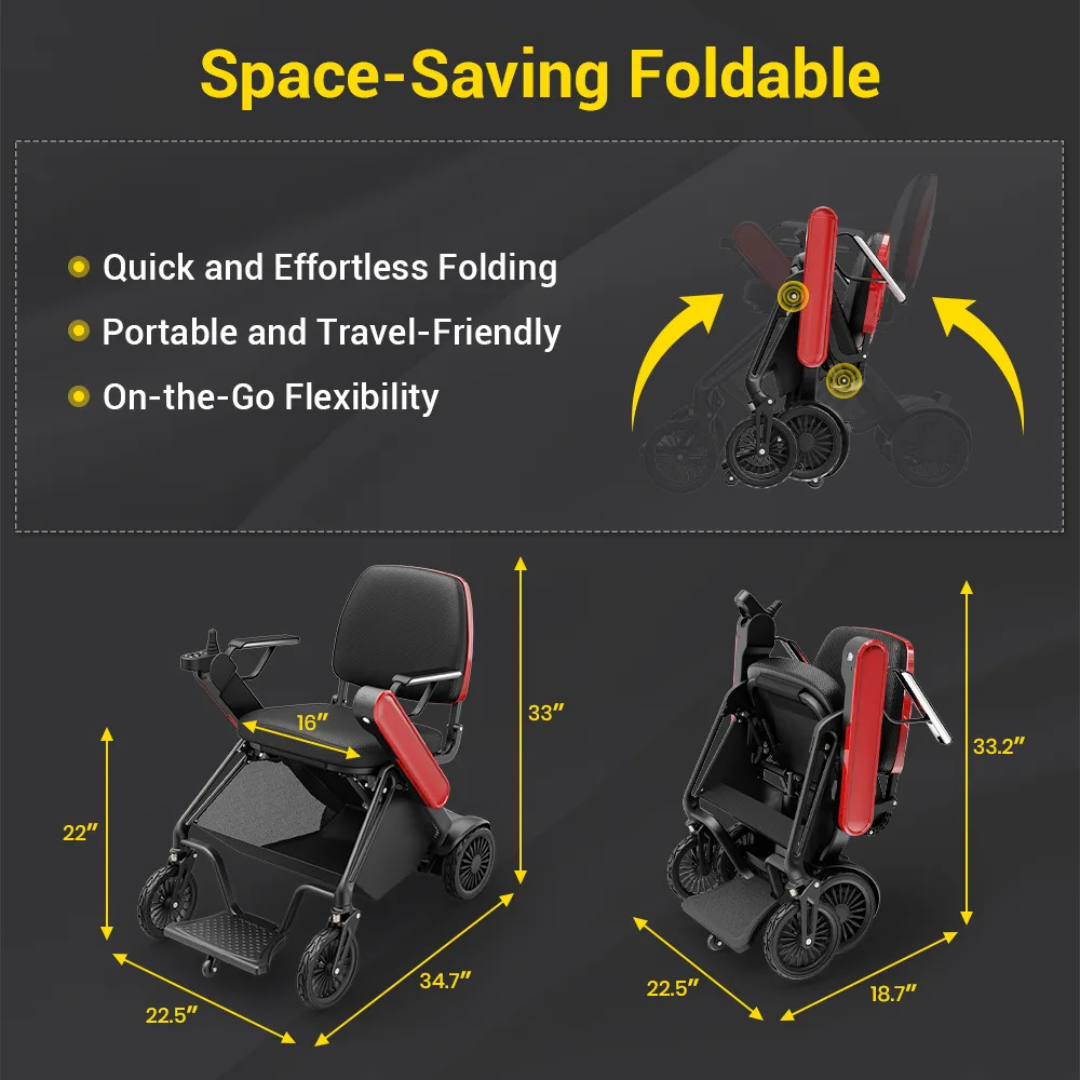 A graphic of the Easwe® F10 – Auto Folding Portable Electric Wheelchair in red and black, shown open and folded. Highlights: quick folding, portable, travel-friendly design with dimensions for each state.