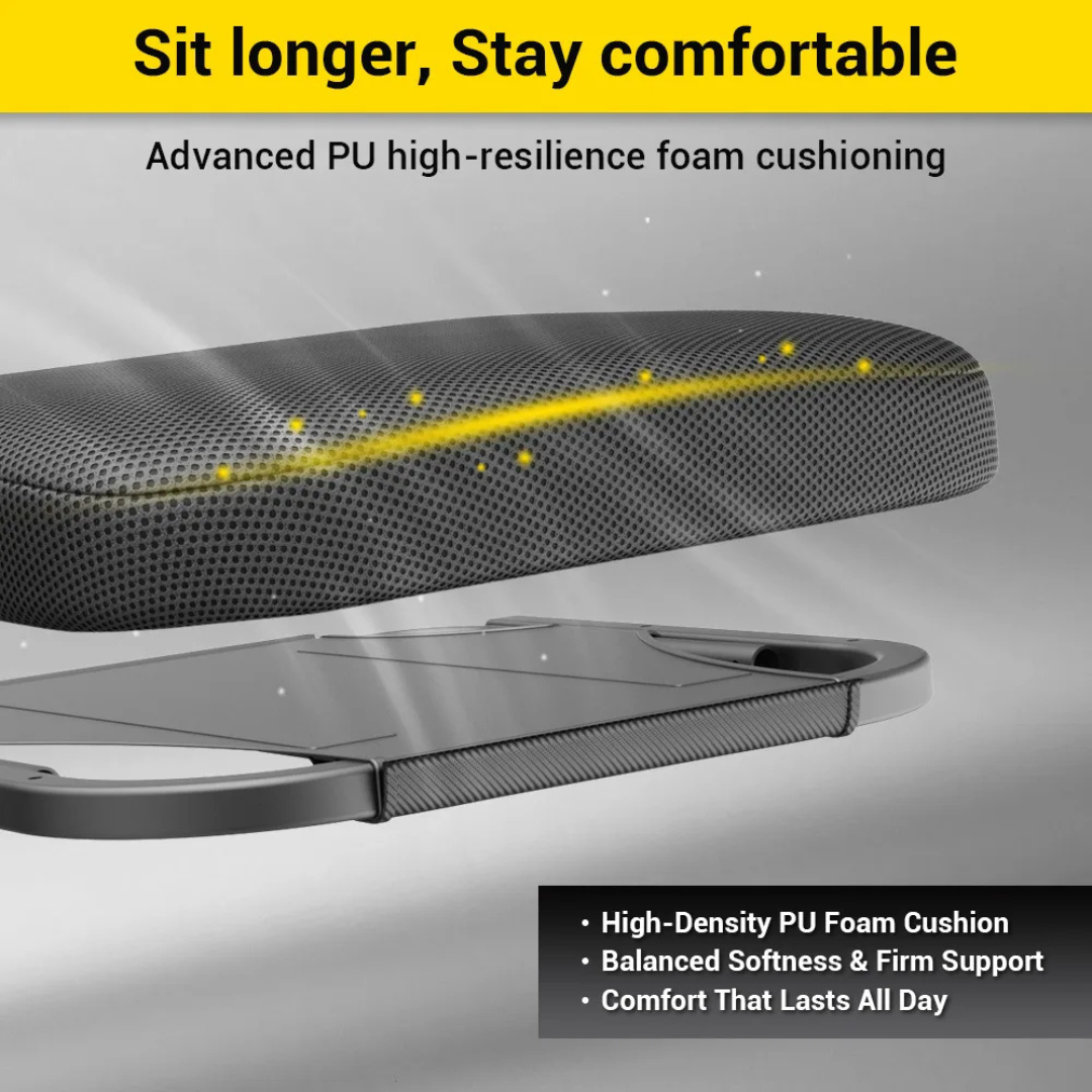 Close-up of the black cushioned seat on the Easwe® F10 – Auto Folding Portable Electric Wheelchair, featuring labeled layers of high-resilience PU foam. Text highlights comfort, balanced support, and all-day usability.