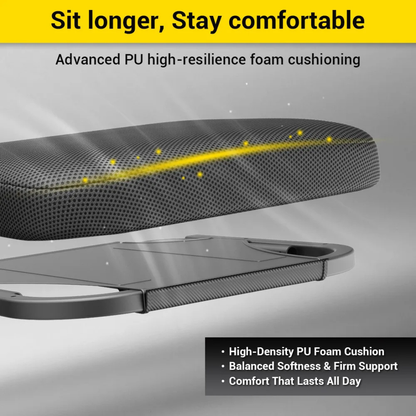 Close-up of the black cushioned seat on the Easwe® F10 – Auto Folding Portable Electric Wheelchair, featuring labeled layers of high-resilience PU foam. Text highlights comfort, balanced support, and all-day usability.