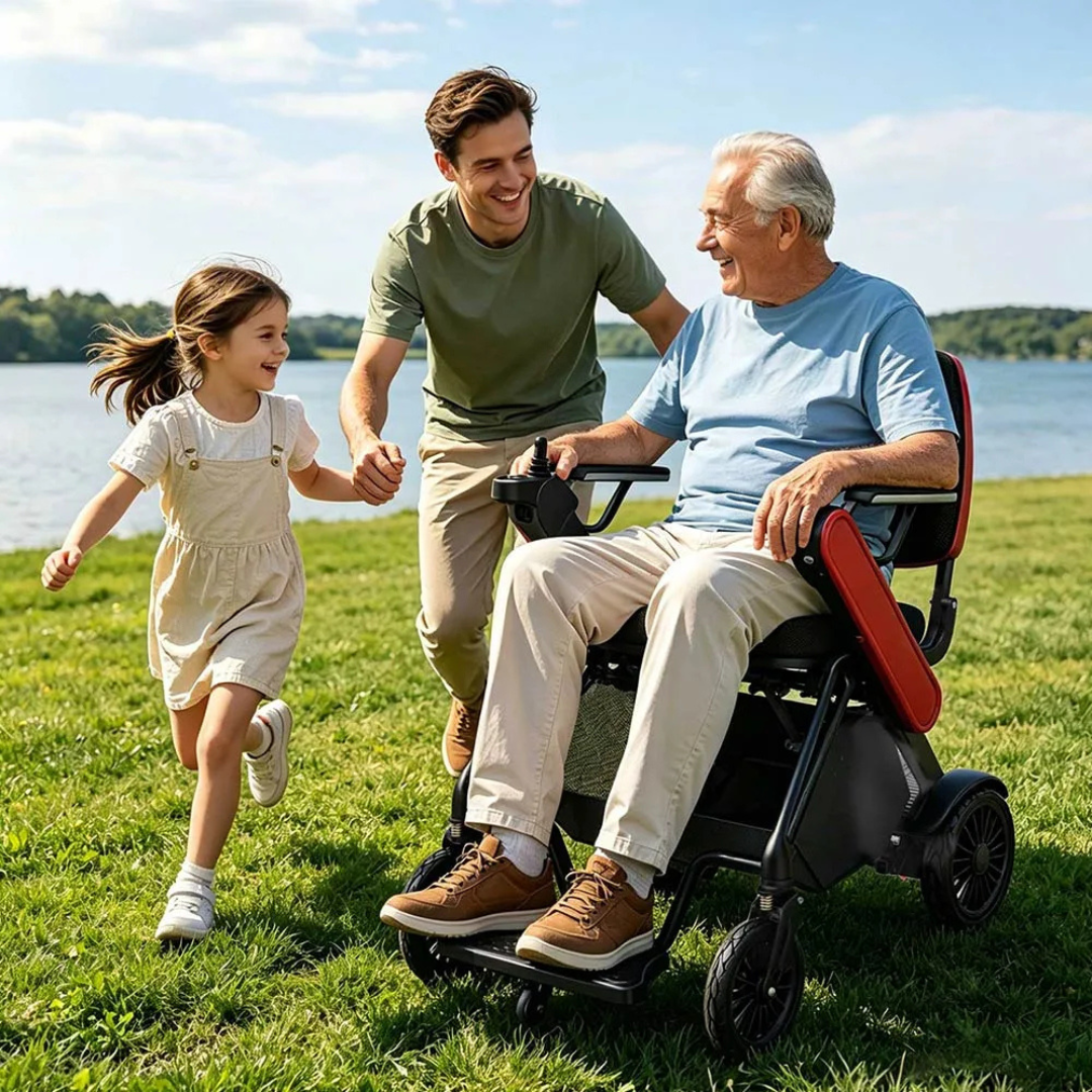 A smiling elderly man enjoys the outdoors by a lake in the Easwe® F10 – Auto Folding Portable Electric Wheelchair, with a young girl and a man happily walking and running beside him on the grassy field under a sunny sky.