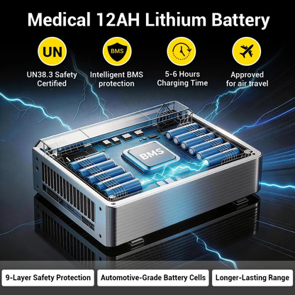 A graphic of the Easwe® F10 Auto Folding Portable Electric Wheelchair’s 12AH lithium battery highlights UN38.3 safety, intelligent BMS, fast 5-6h charging, air travel approval, 9-layer protection, and durable automotive-grade cells.