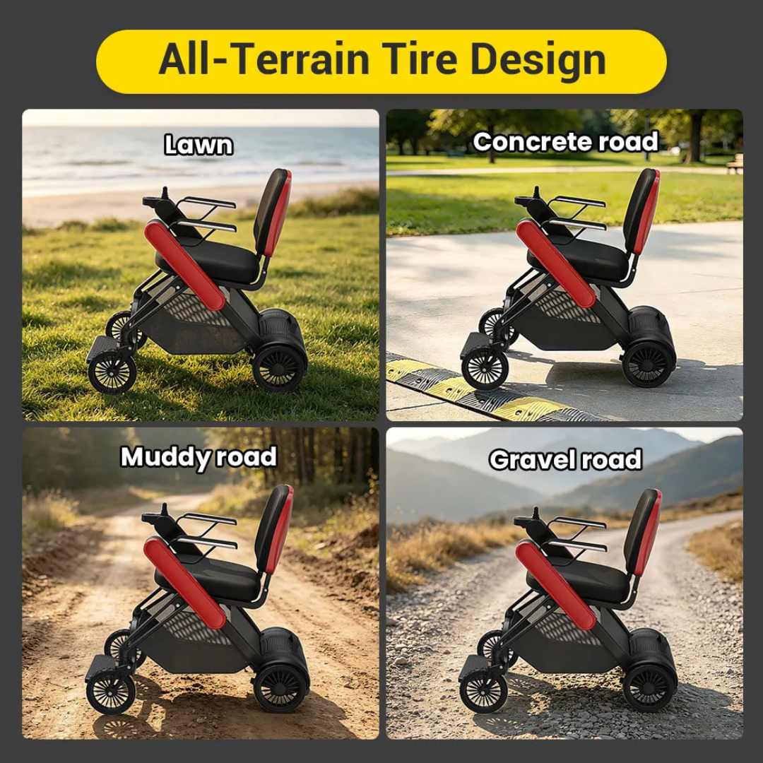 A red and black Easwe® F10 – Auto Folding Portable Electric Wheelchair is displayed on lawn, concrete, mud, and gravel terrains, showcasing its all-terrain tires for versatile mobility.