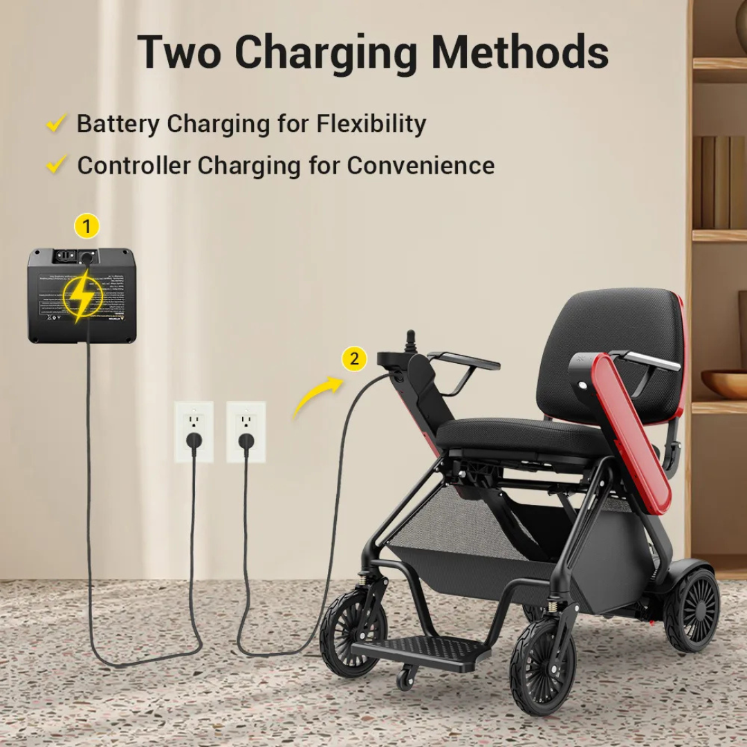 The Easwe® F10 – Auto Folding Portable Electric Wheelchair is shown by a wall, with one cable charging the battery directly and another plugged into the controller, demonstrating two charging methods. Text and icons explain the options.