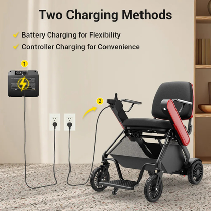 The Easwe® F10 – Auto Folding Portable Electric Wheelchair is shown by a wall, with one cable charging the battery directly and another plugged into the controller, demonstrating two charging methods. Text and icons explain the options.