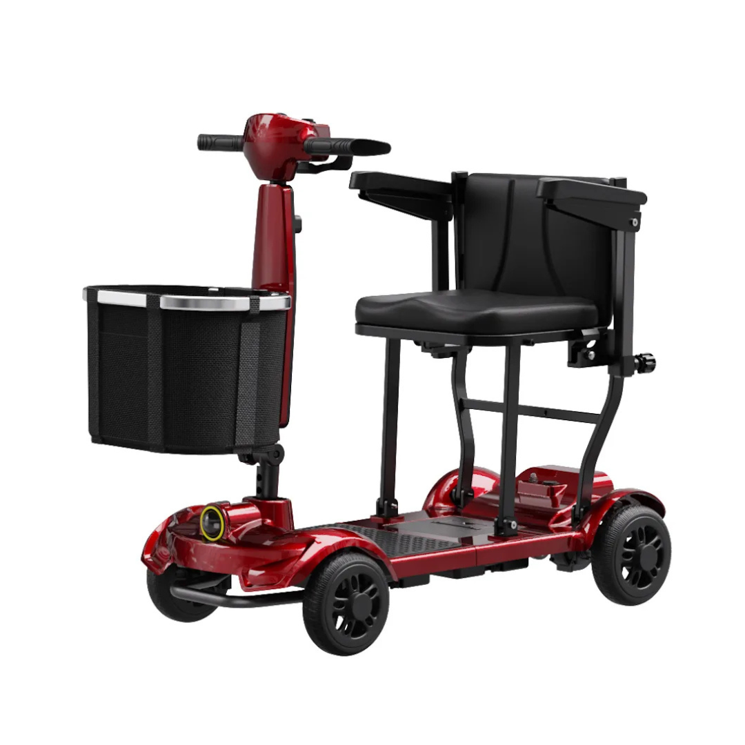 The Easwe™ M10 Portable Long Range Mobility Scooter features a red body, black seat with armrests, four wheels, and a front black basket. Its compact design ensures easy personal transportation with an impressive 30-mile range.