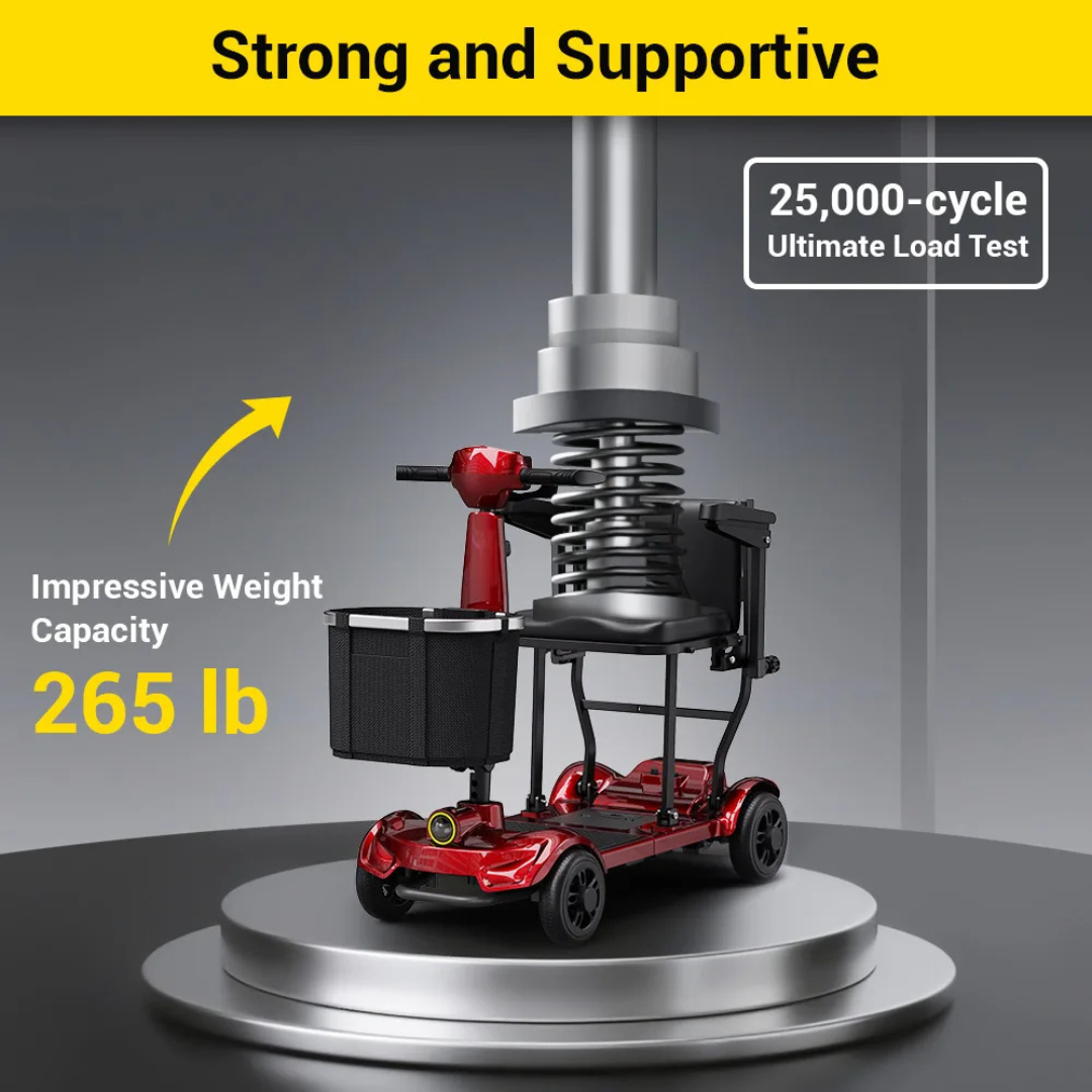 The Easwe™ M10 Portable Long Range Mobility Scooter sits under a large metal testing machine, proving its strength. Text highlights “Strong and Supportive,” “25,000-cycle Ultimate Load Test,” and “265 lb Weight Capacity.”.