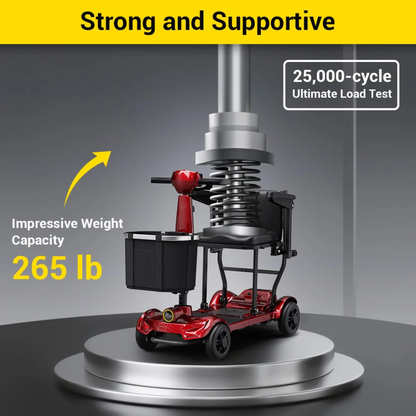 The Easwe™ M10 Portable Long Range Mobility Scooter sits under a large metal testing machine, proving its strength. Text highlights “Strong and Supportive,” “25,000-cycle Ultimate Load Test,” and “265 lb Weight Capacity.”.