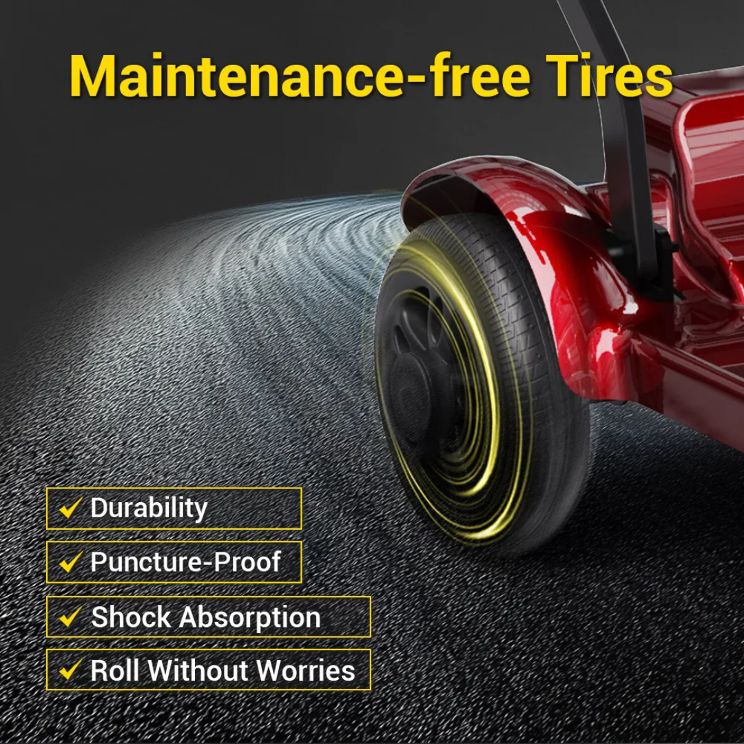 A close-up of the Easwe™ M10 Portable Long Range Mobility Scooter’s tire on a road, featuring yellow text: “Maintenance-free Tires.” Benefits include Durability, Puncture-Proof, Shock Absorption, and Roll Without Worries.